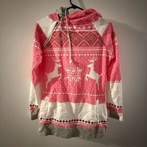 Pink and White Women's Sweater with Reindeer Design